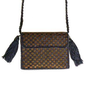 Vintage Beaded Box Shoulder Purse Clutch 5"x4" Tassels Black Gold